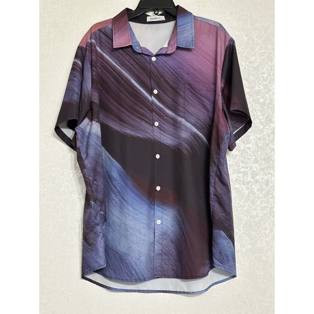 Hawalili Short Sleeve Button‎ Up Blue & Purple Abstract Printed Camp Shirt 2XL